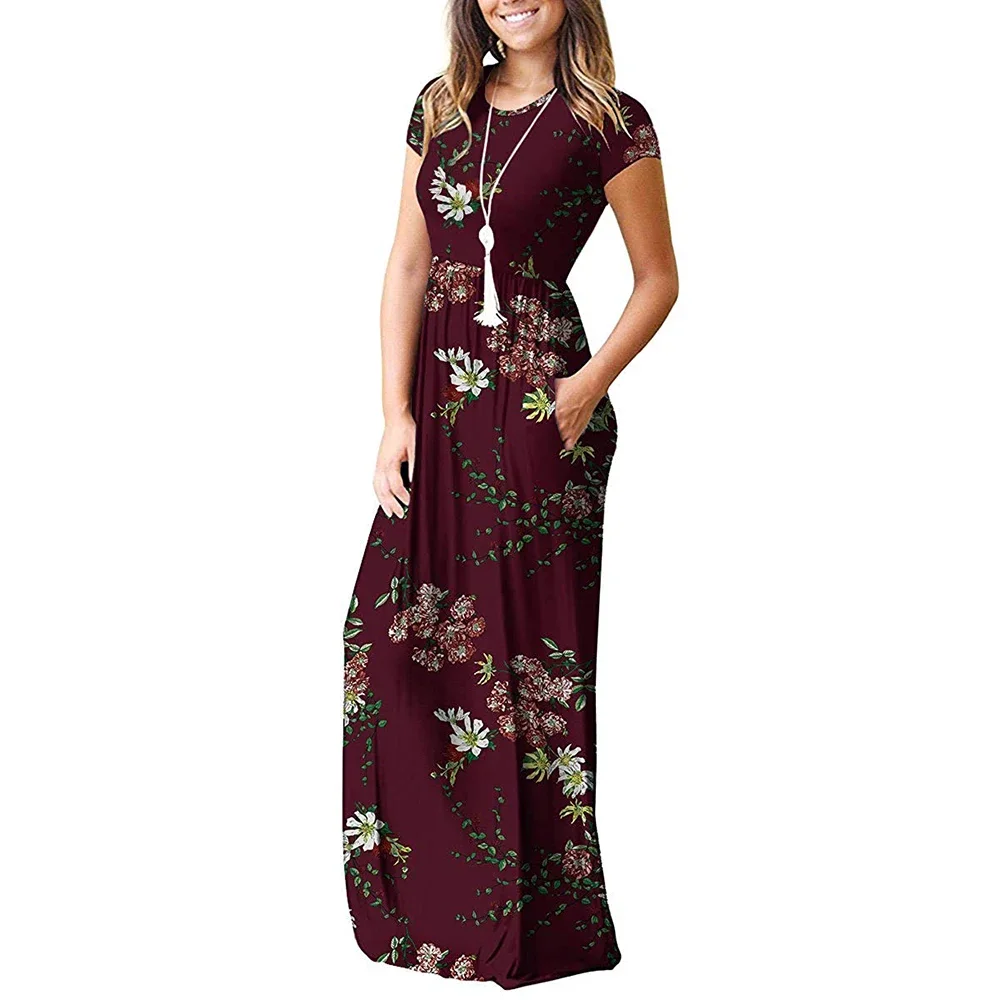 Short Sleeve Summer Pleated Empire Waist Round Neck Floral Maxi Long Pockets Dress