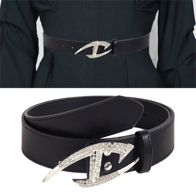 Skinny Waist Belt Glinting Buckle with Encrusted Rhinestones Studded Buckle