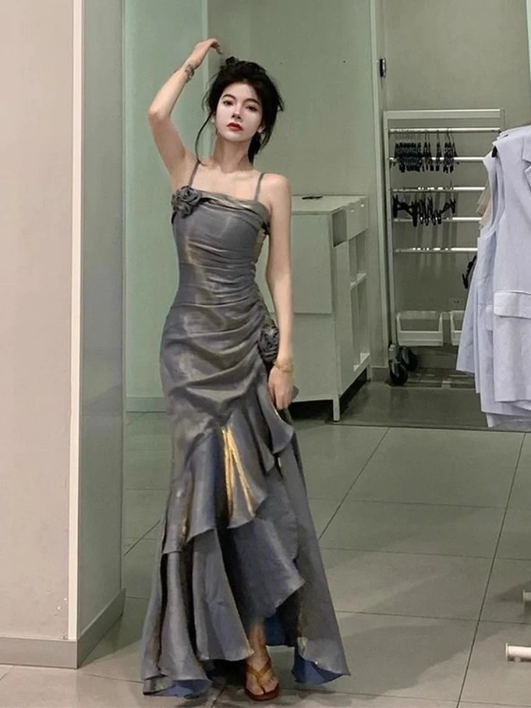 French Vintage Strap Dress Women Elegant Even Party Madi Dresses Beach Style One Piece Dress Korean Fashion Clothing 2024 Summer
