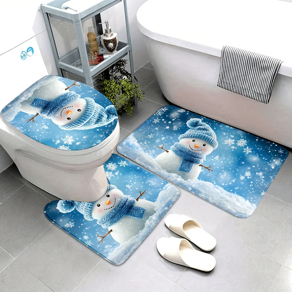 

Cute Blue Theme Christmas Snowman Bathroom 3Pcs/set Mat Home Flannel Decoration Accessories Floor Rug Toilet Cover 40*60/50*80CM