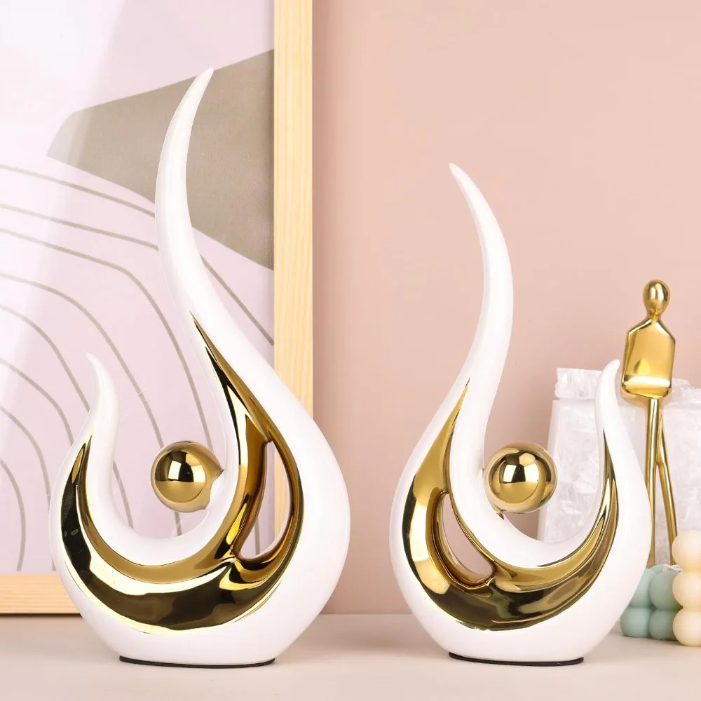 

White and Gold Modern Abstract Ceramic Statue for Home Decor Centerpiece Table Mantel Bookshelf Decoration
