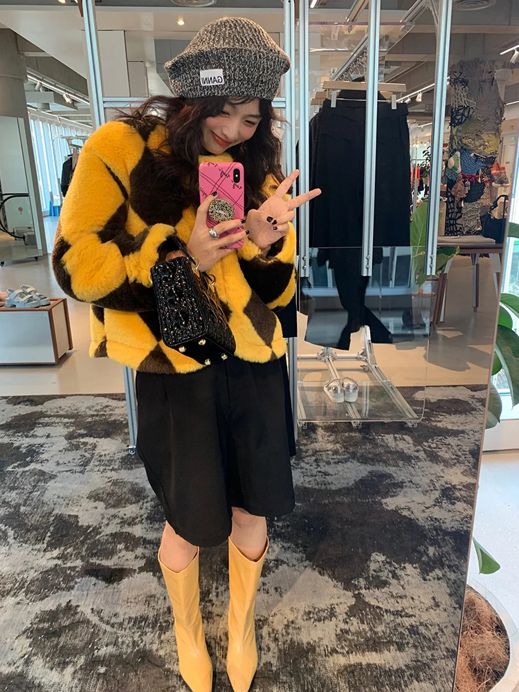 

Желтое меховое пальто в клетку Ele, женская модная женская зимняя длинная сверовая шуба, корейская круглая шляпа Ne No Hat