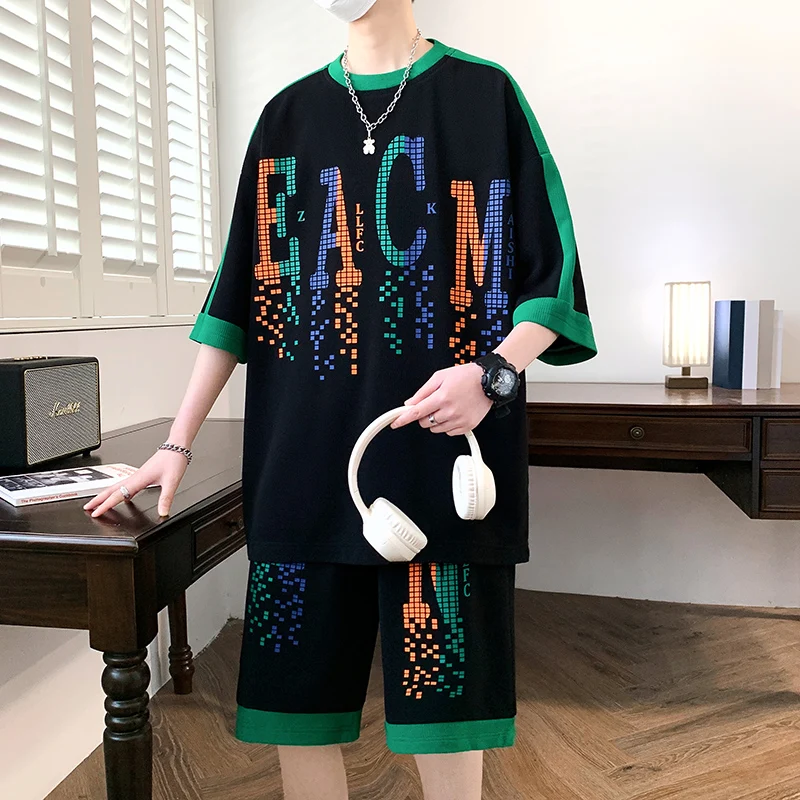 

Fashion 2024 Summer Men's Sets Casual Loose T-Shirts And Shorts Set Youth Sports Outwear Top Tees Two Pieces Tracksuits Clothing