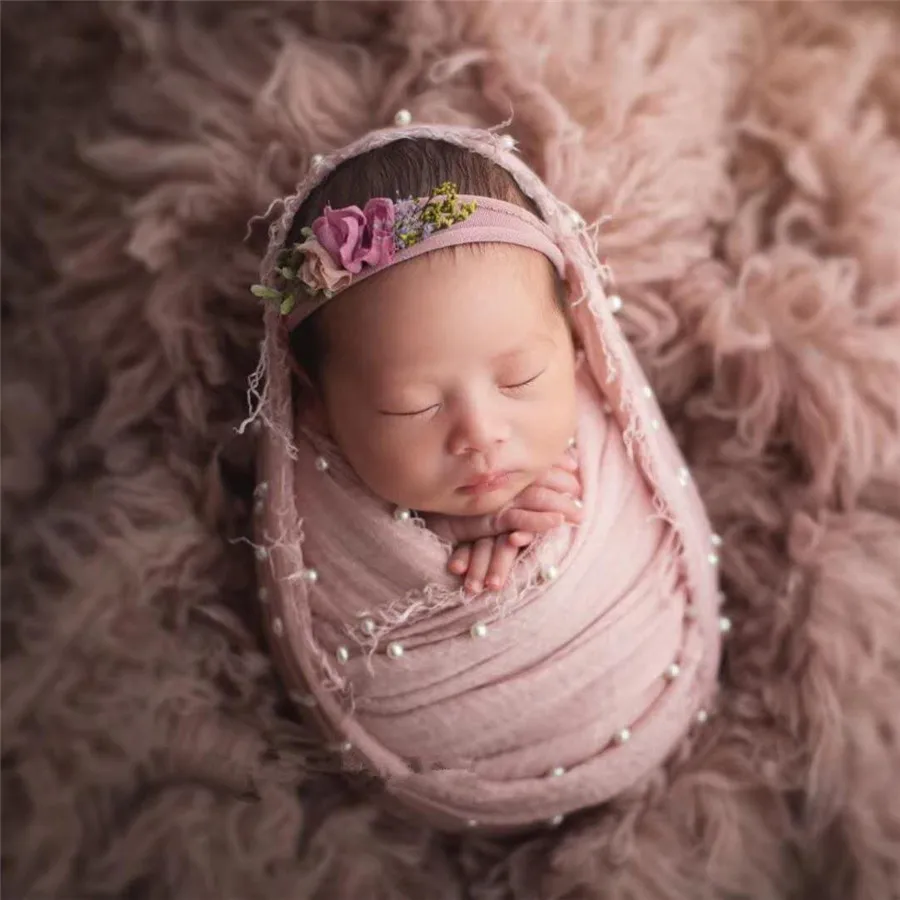 90x170cm Baby Wraps Newborn Photography Props Posing Swaddle With Pearls Soft Infant Cotton Linen Cloth Blanket Studio Accessori