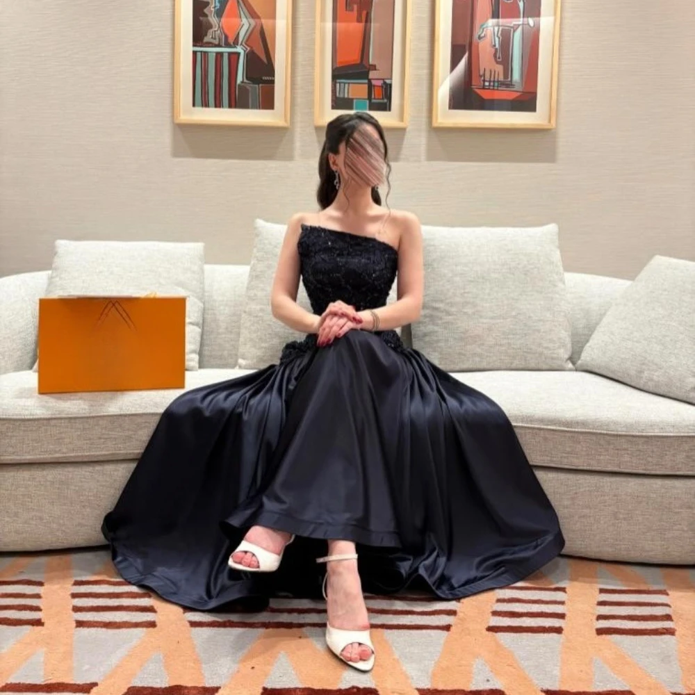 Schwarze A-Linien-Partykleider in Knöchellänge aus Satin, ärmellos, trägerlos, Ballkleider, maßgeschneidertes elegantes formelles Abendkleid für Damen