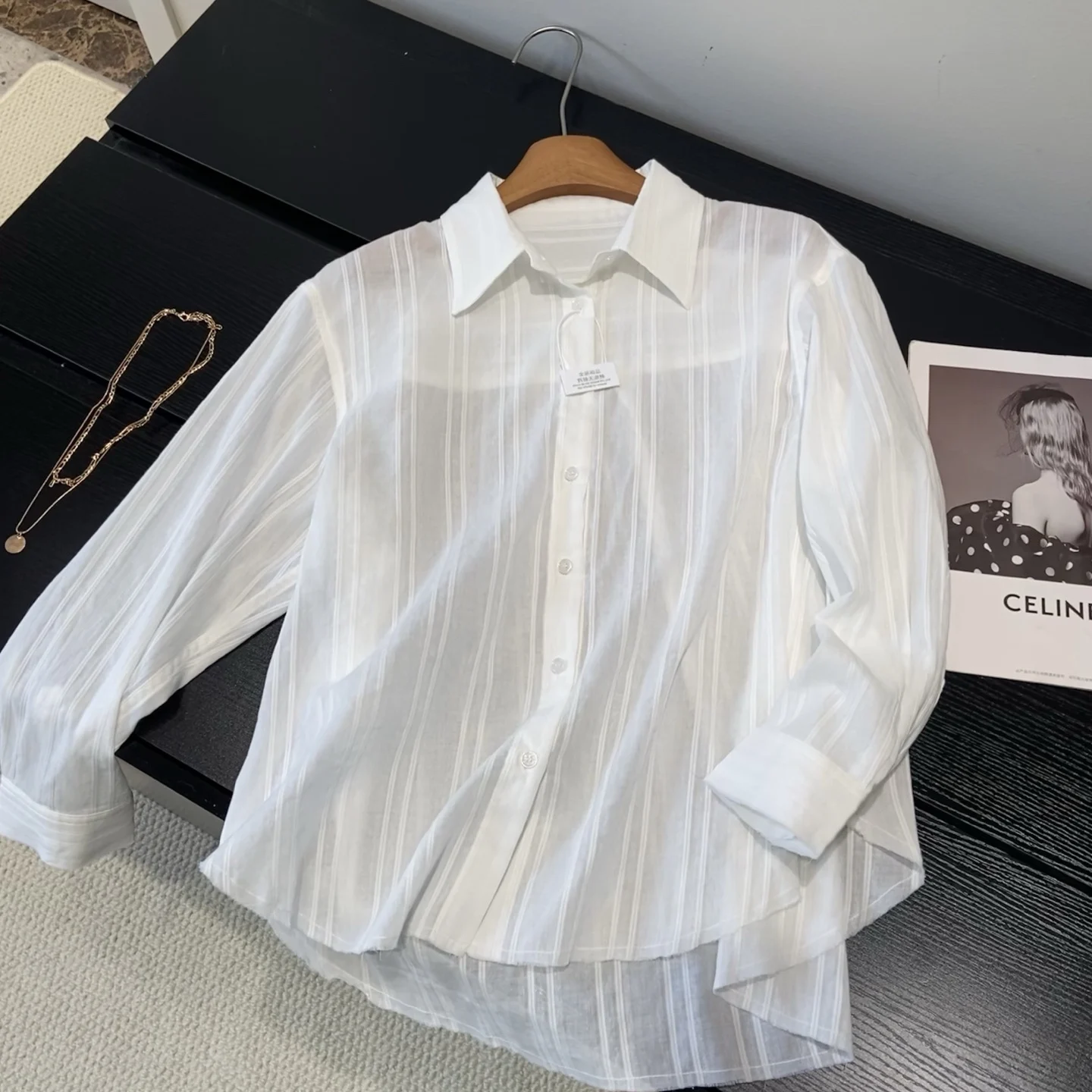 

Sun Protection Loose Women's Shirt Vertical Stripes Embroidery Sensitive Texture Beautiful Design Cotton 100% Spring 2025