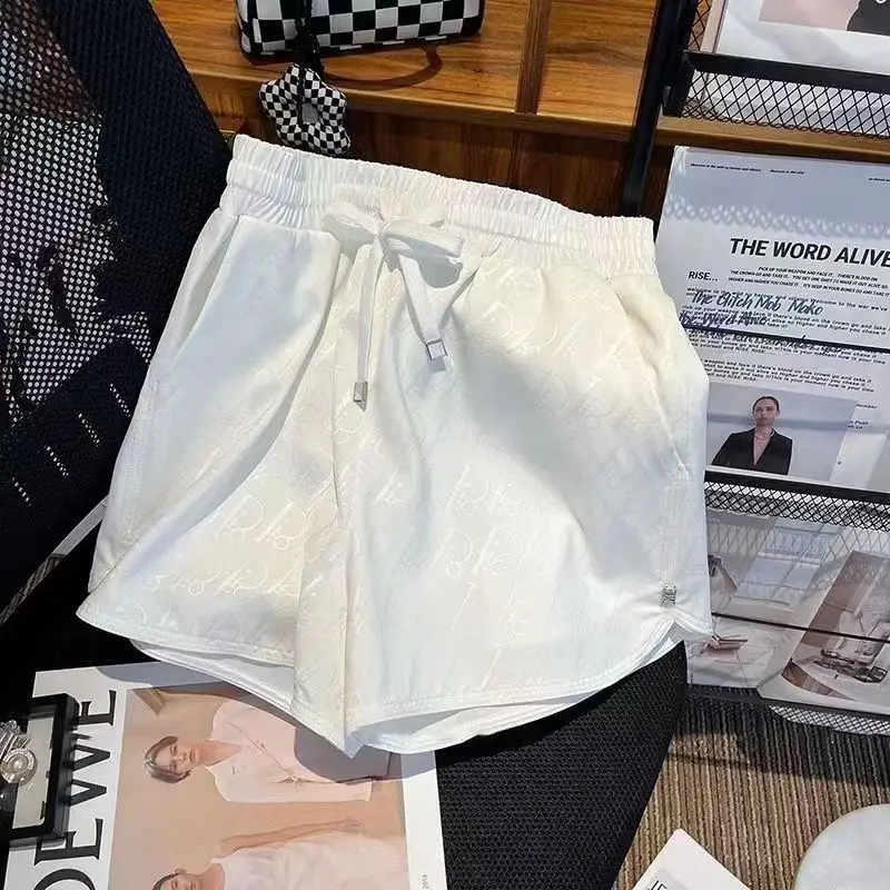 2025 Summer New Korean Fashion Printing Satin Wide Leg Pants Female Trend Letter Drawstring Athleisure Elastic Waist Shorts