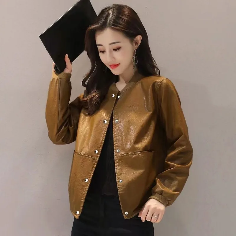 Spring and Autumn Short Style Coat Female New Style Biker Jacket Handsome Fallow All-match Round Neck Leather Jacket