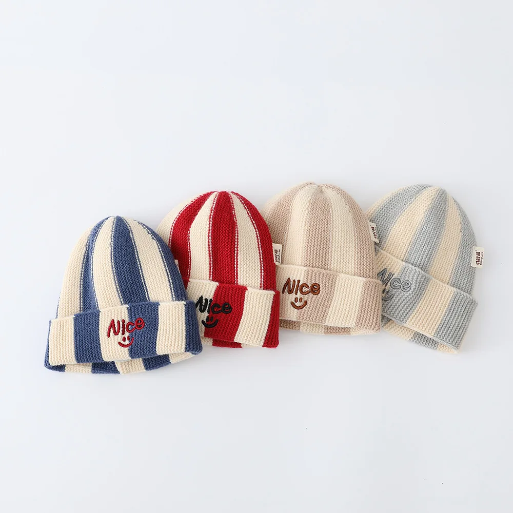 Cute Patchwork Striped Beanie Hat Color Blocked Soft Knitted Cap Thermal Watermelon Hat Children Warm Hat Outdoor