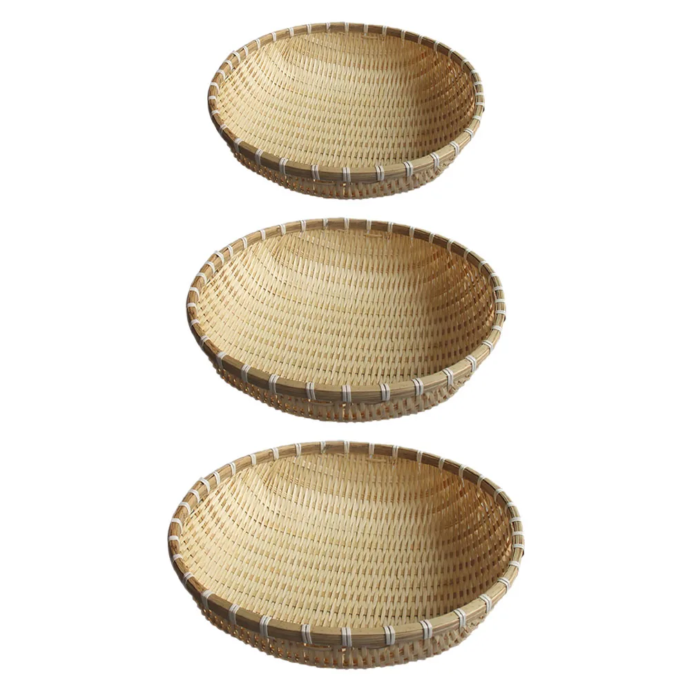 

3 Pcs Bamboo Basket Tray Round Woven Craft Food Storage Multipurpose Kitchen Decor Vegetable Rice Drainage Stackable
