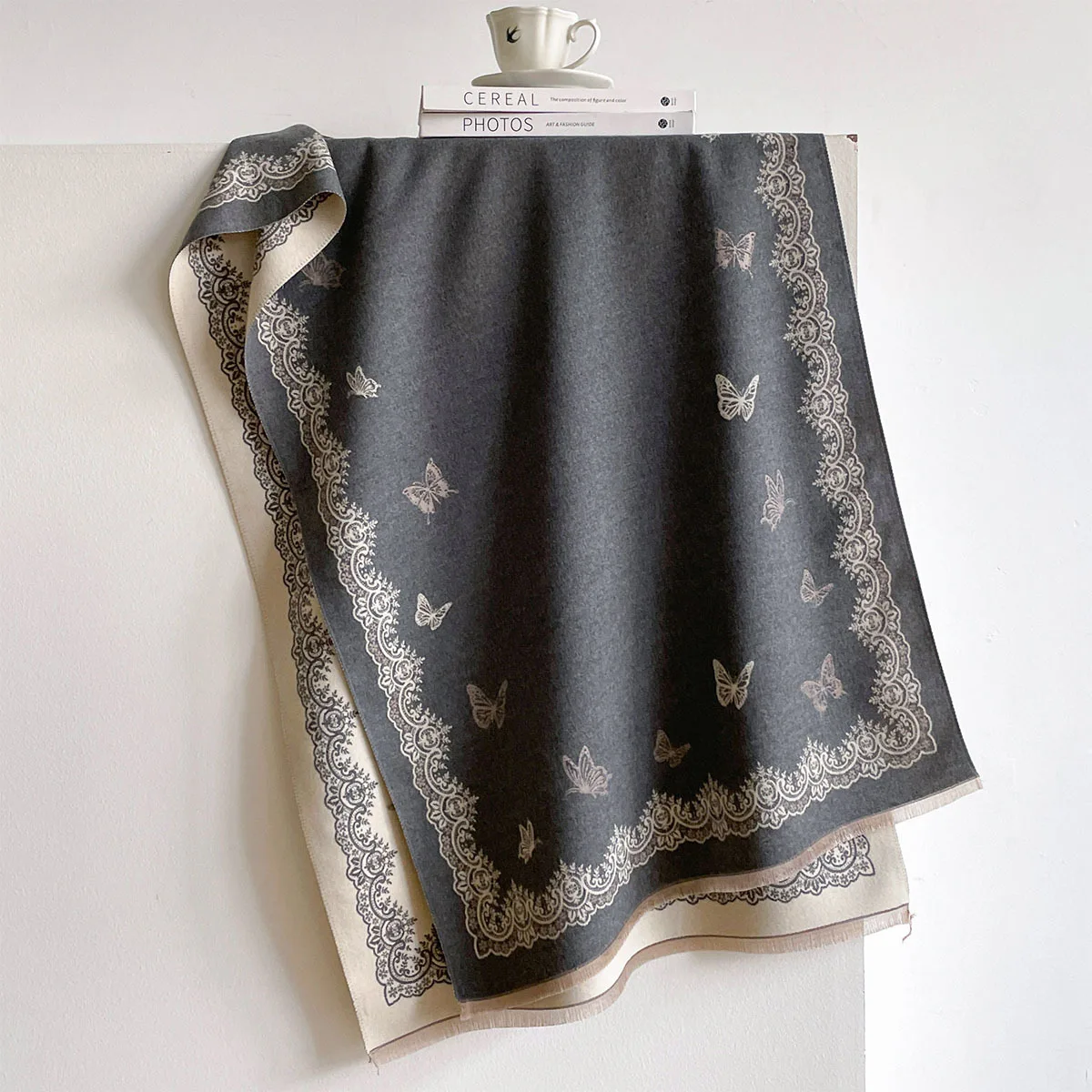 Retro Dark Grey Romantic Lace Border Butterfly Faux Cashmere Shawl For Women Double Sided Fringe Thick Warm Fashion Winter Scarf