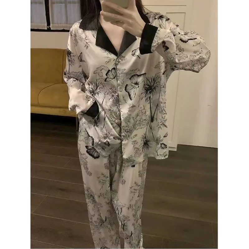 Print Sleepwear Women Pajama Sets Korean Piiama Casual Night Wears Autumn Pants Sets 2 Pieces Button Long Sleeve Home Suit New