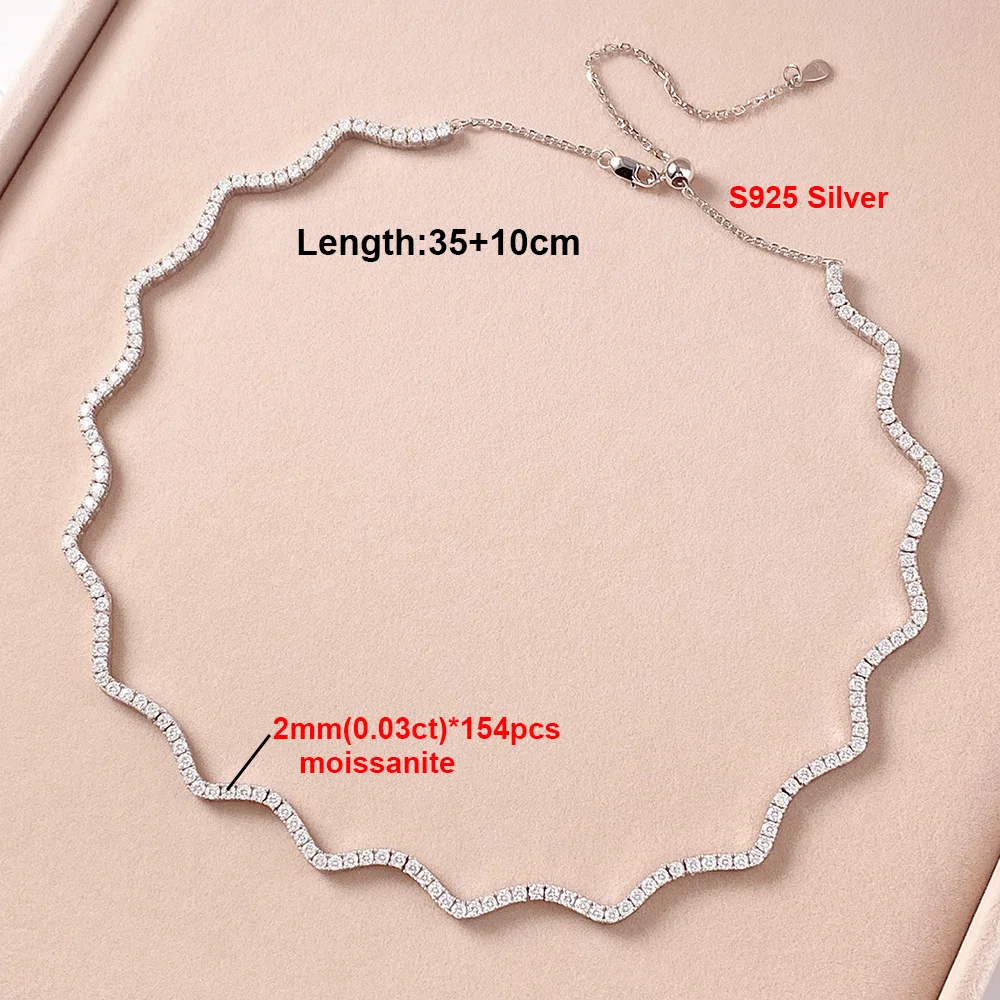 2mm Wave Moissanite Tennis Necklace For Women Sparking Lab Diamond S925 Silver Riviera Choker Adjustable Chain Wedding Jewelry