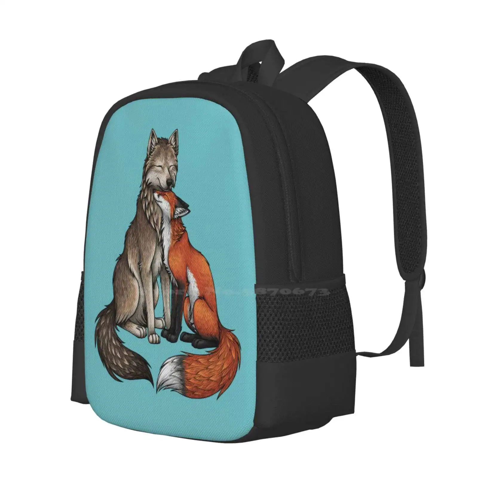 Wolf & Fox Teen College Student Backpack Pattern Design Bags Red Fox Grey Wolf Wolf And Fox Nature Animal Cute Couple Romantic