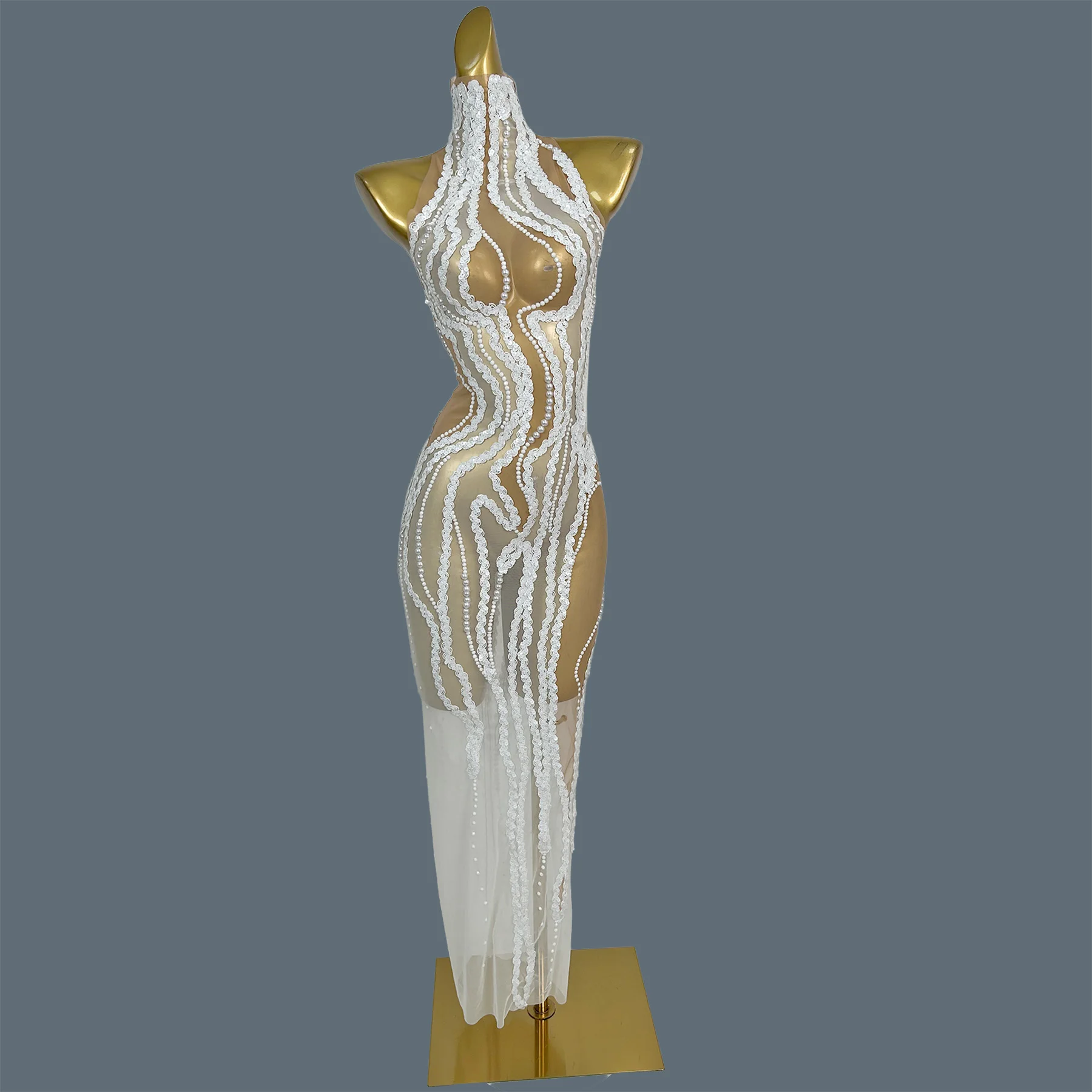 

Elegant White Pearl Beaded Sheer Mesh Long Dress Halter Neck Sparkly Stage Dancer Outfit Sexy Party Club Performance Gown Baizhi
