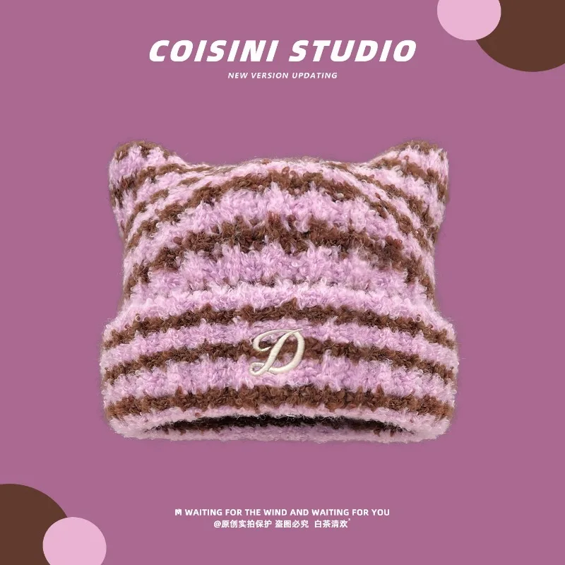 Koreanische, niedliche Strickmütze mit Katzenohren und Farbblock-Design für Damen und Herren, warme Wintermütze mit gestreifter Stickerei, modische Skull-Beanie-Mütze – Detail 3