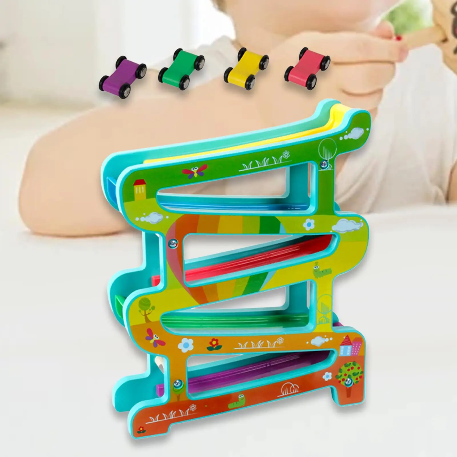 Wooden Car Ramp Toy with 4 Mini Cars Montessori Toy Leisure Toy Slide Car Toy Set for Age 3-6 Child Kids Kindergarten Boys Girls