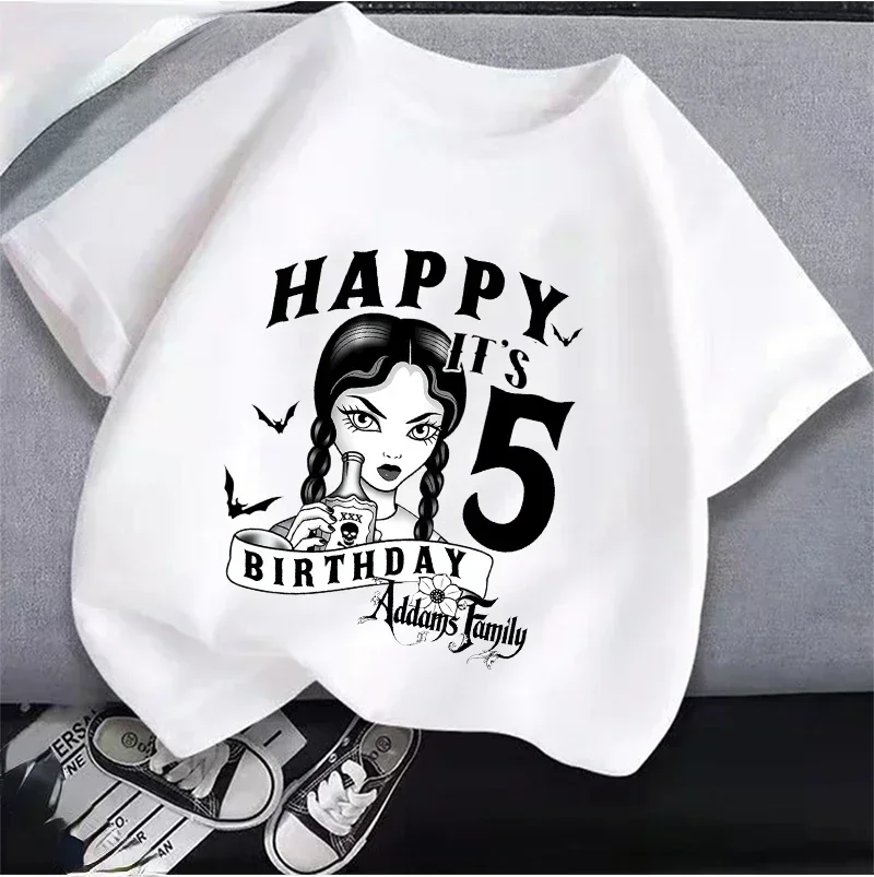 2024 New Wednesday Addams Children Clothing Anime Summer Girls Birthday Gift Number Cotton T-shirt Cartoon Clothes Kids Top