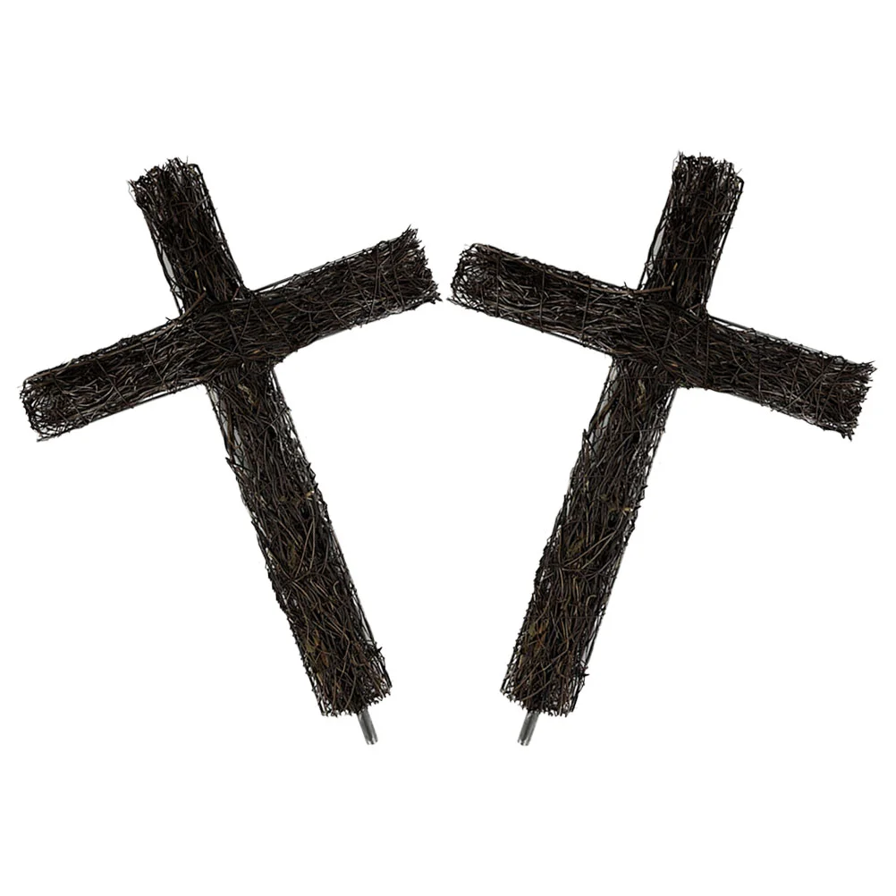 

2 Pcs Rattan Cross Stake Decor to Weave Garden Plug In Christmas Wreaths Outdoor