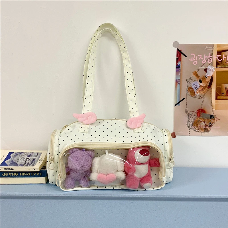 Angel Wings Ita-Tasche mit transparentem Sichtfenster, Damen-Umhängetasche im japanischen Stil, vielseitige Polka-Dot-Handtasche für den täglichen Pendelverkehr – Detail 24
