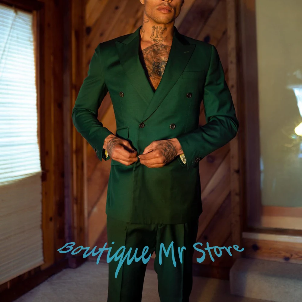

Стильные мужские зеленые костюмы, комплект из 2 предметов (куртка + брюки), двубортный пиджак с остроконечными лацканами, вечерняя официальная одежда на заказ