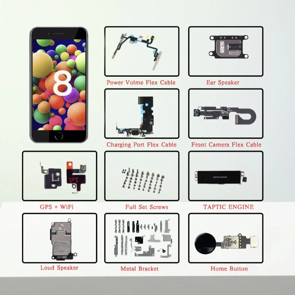 

Inner Parts For iPhone 8 Front Camera Power Volume Flex Cable Ear Piece Loud Speaker Screws + Bracket Home Button Charging Dock