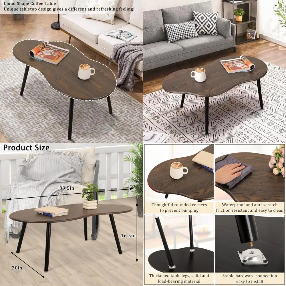 

Industrial Style Irregular Wood Coffee Table, Rustic Brown, Unique Cloud Shape for Living Room