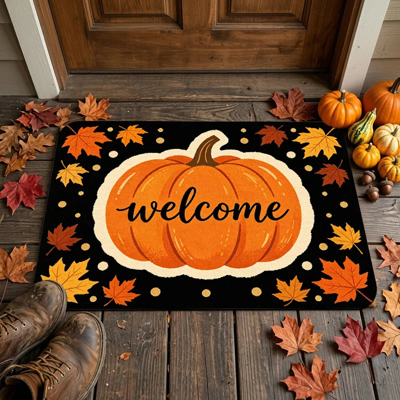 Harvest Pumpkin Maple Frame Flannel Threshold Mat Spill Resistant Cottage Porch Floor Rug For Autumn Season Farm Fresh Front