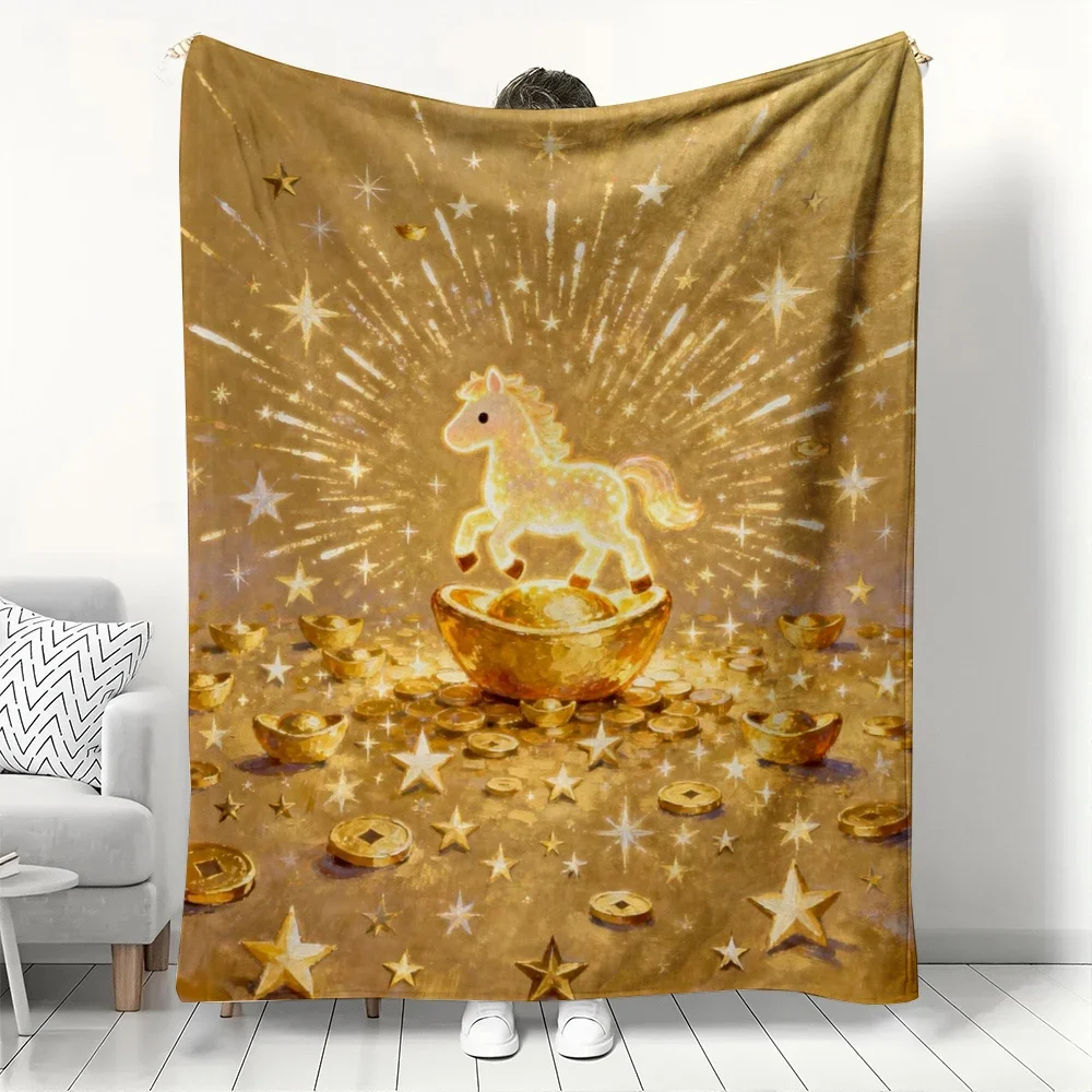 Lucky Golden Horse Flannel Blanket Wealthy Coin  Star Pattern Throw for  Year of the Horse Soft Cozy Home Decor