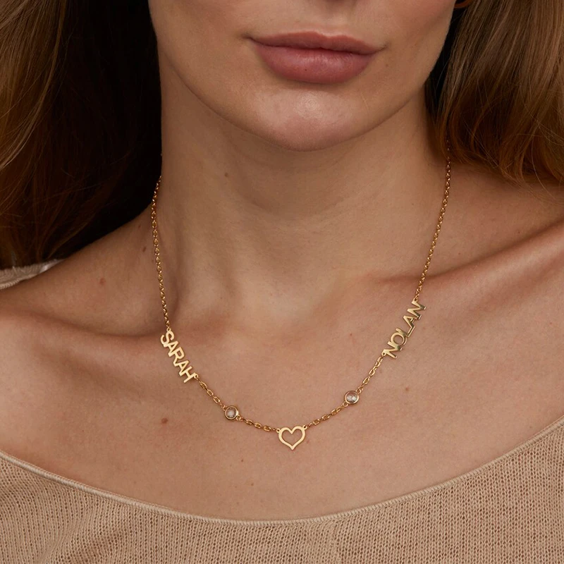 Collar personalizado con doble nombre, collar de acero inoxidable con nombre de pareja y niños, collar de circón con corazón, regalo de joyería de Navidad familiar