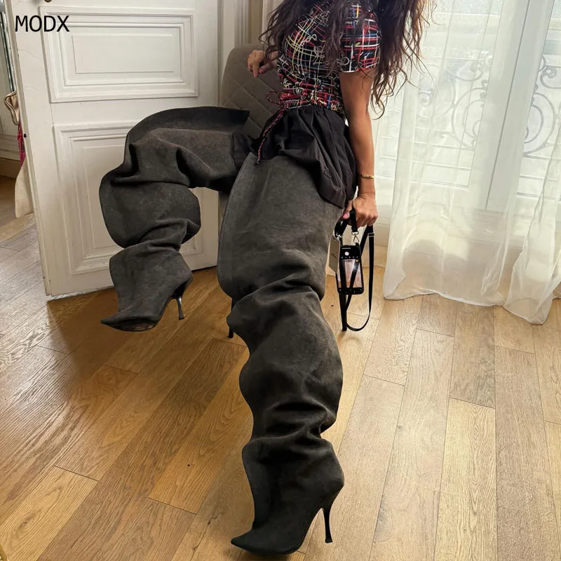 

Pointed Toe Pleated Over The Knee Boots Kitten Heels Women's Long Boots Winter Grey Casual Shoes Suede Leather Plus Size 44 New