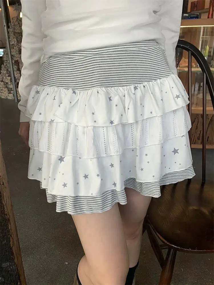 

Юбка А-силуэта с оборками и кружевными вставками, многослойная, короткая, с высокой талией, на резинке, для женщин, осень-зима