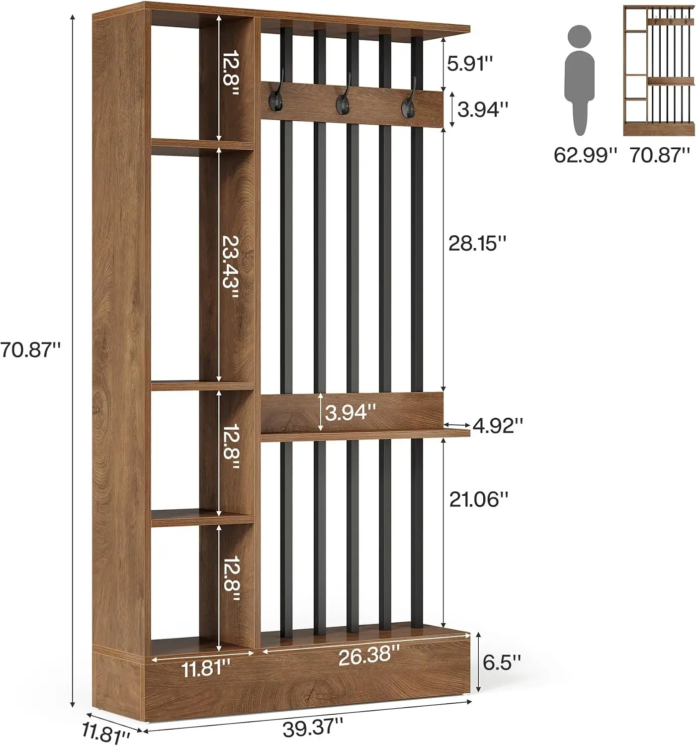 Wall Room Divider Shelves 71 Inch Freestanding Modern Partition Storage Coat Hooks Sturdy Base Home Office Brown