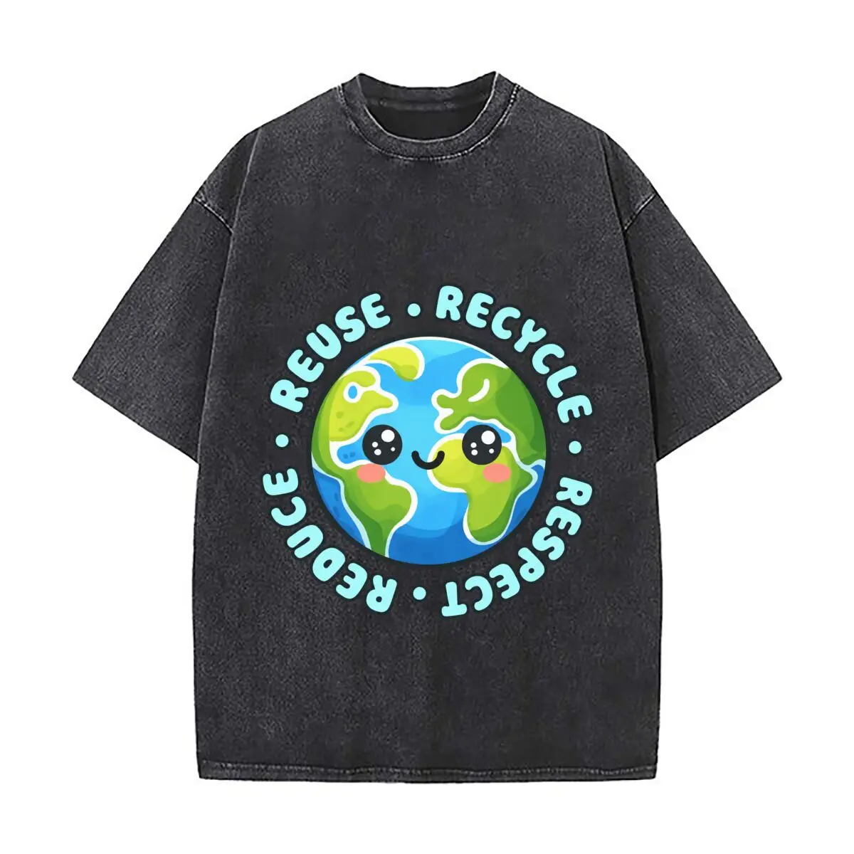 Earth Day Reduce Reuse Recycle Respect Cute Smiling Globe Distressed Faded Baggy Streetwear Tops for Park Hangouts