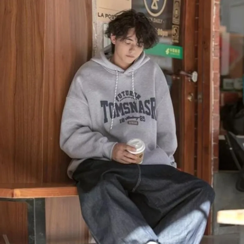 Vintage Cityboy Men Hoodie, Light Grey Letter Print Hooded Sweatshirt, Oversized Loose Pullover Casual Streetwear Tops