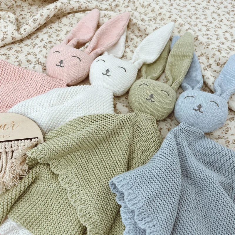 Personalized Baby Gifts Custom Embroidered Name Lovey Animal Stroller Blanket Breathable Cotton Knitted Bunny Comforting Blanket