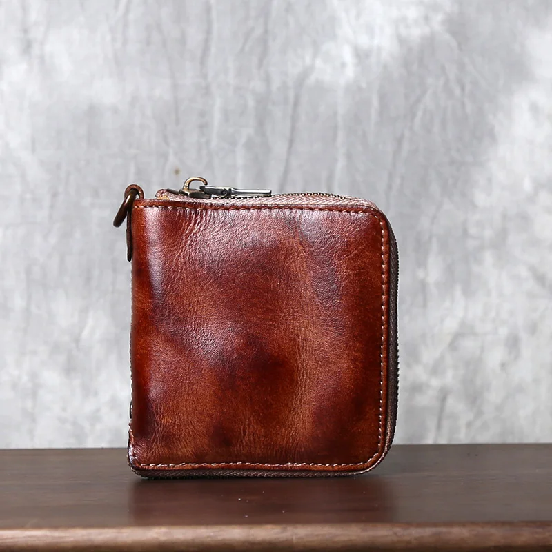 

Retro Genuine Leather Men's Wallets Handcrafted With A Pure Top Layer Of Vegetable Tanned Cowhide Zipper Short Style Wallet