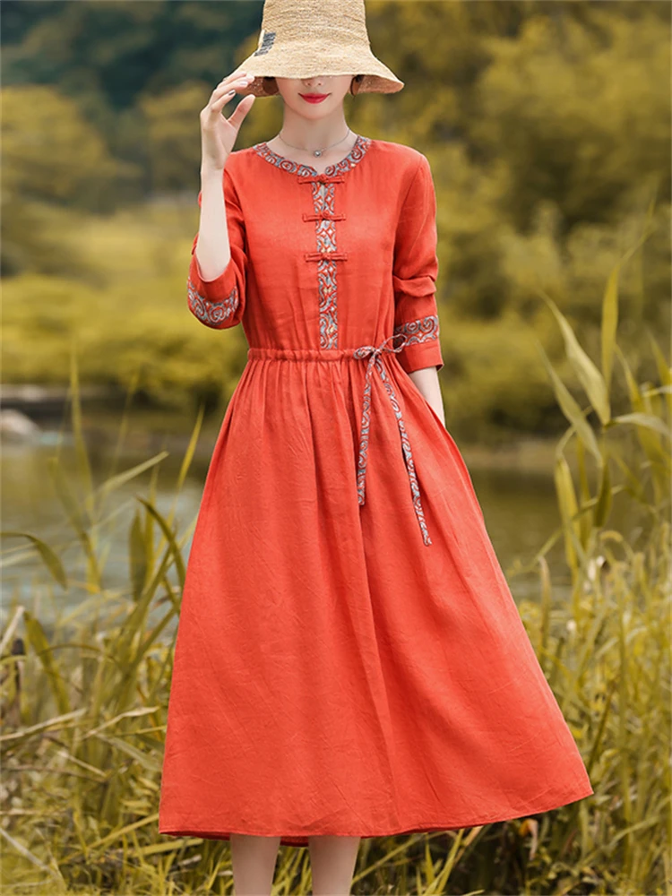 2024 New Spring Autumn Red Vintage Dresses For Women Cotton Linen Casual Loose  Long Elegant Dress Femme Robe Fashion Clothing