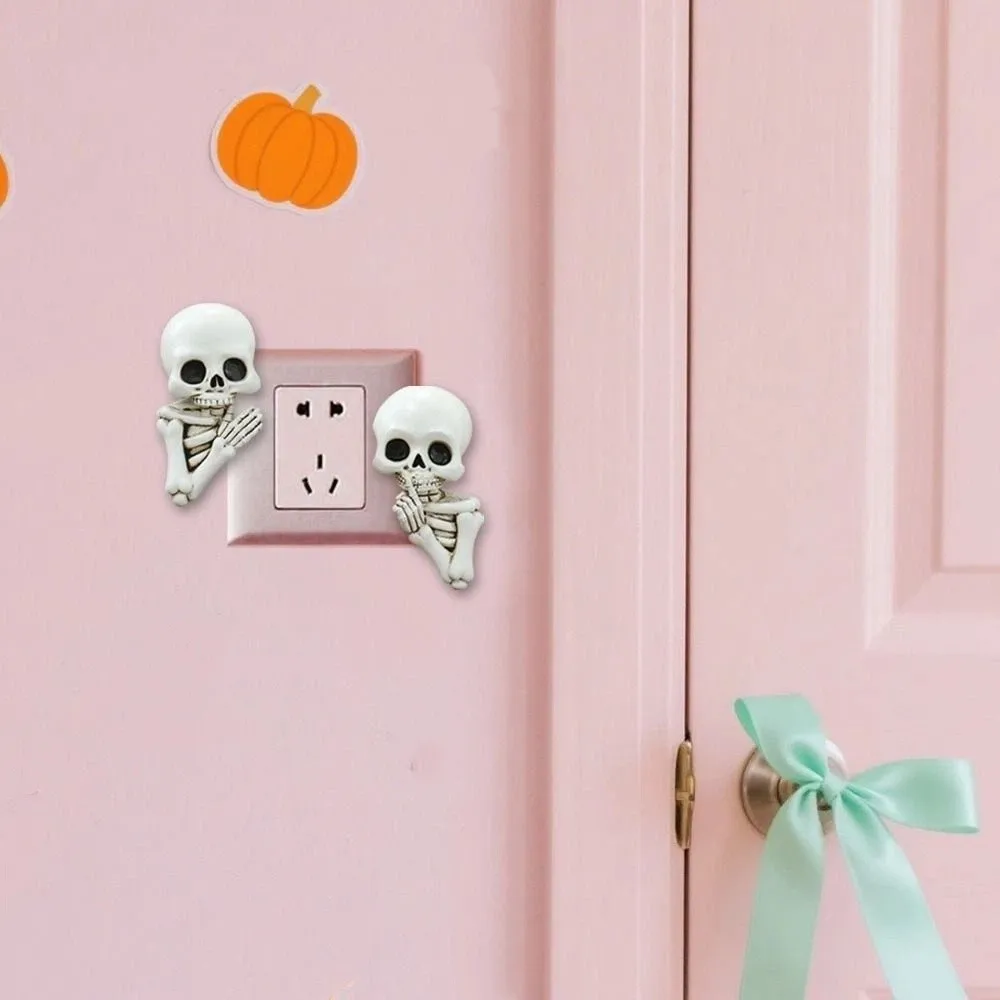 2PCS 3D Halloween Skeleton Switch Sticker Gothic Simulated Keep Quiet Skeleton Statue Resin Decorative Switch Wall Stickers