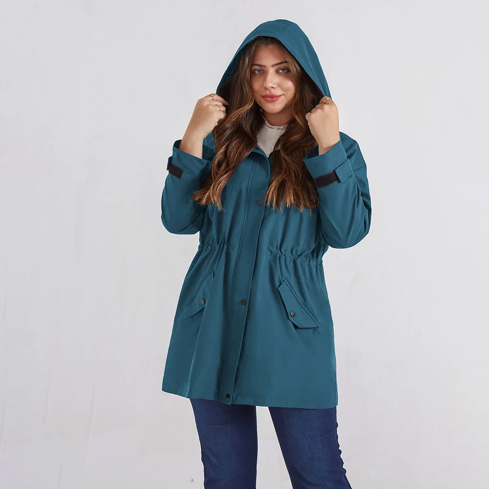 

Women/Ladies Plus Size Drawstring Waist Rain Jacket Hooded Water-repellent Coat Un-removable Hood Fashion