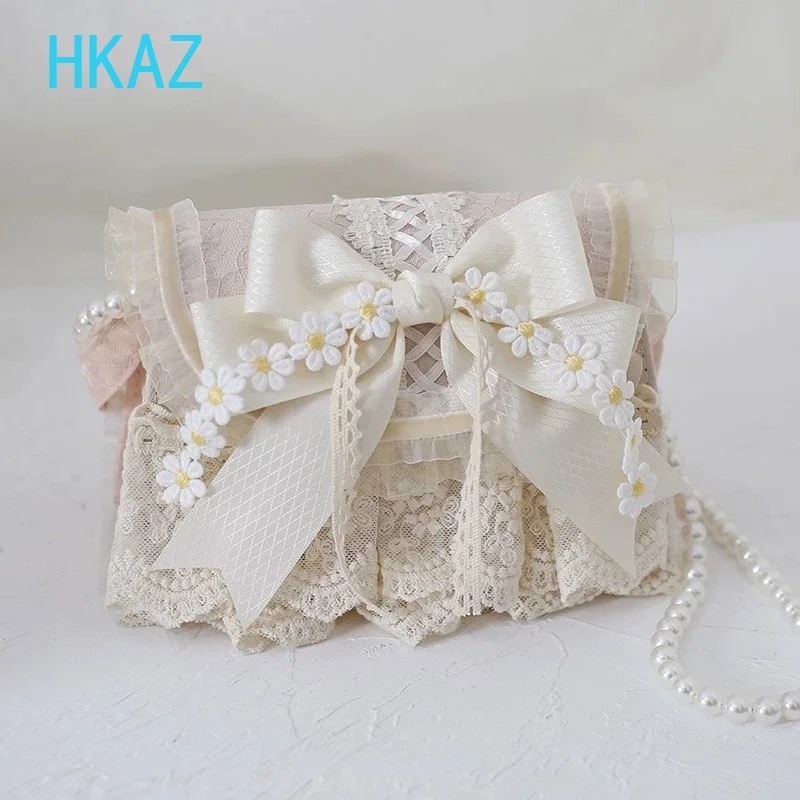 Original Lolita Sweet Cute Girl Handbag Elegant Pearl Chain Bow Cosmetic Bag Lace Chain Solid Color Versatile Messenger Bags