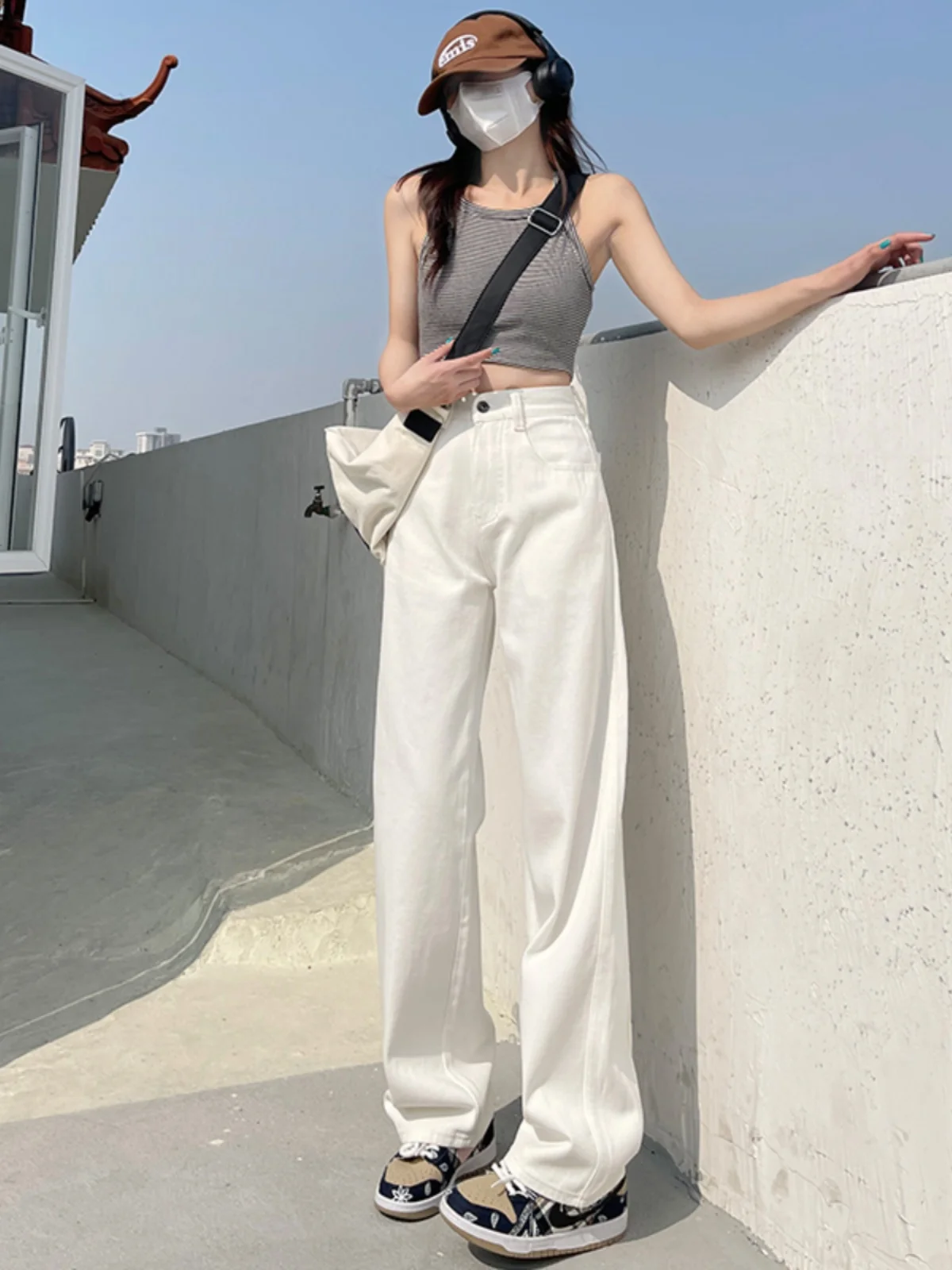 

White High Waist Slimming Denim Jeans Women's Summer plus Size Casual Versatile Wide Leg Straight Floor-Length Pants