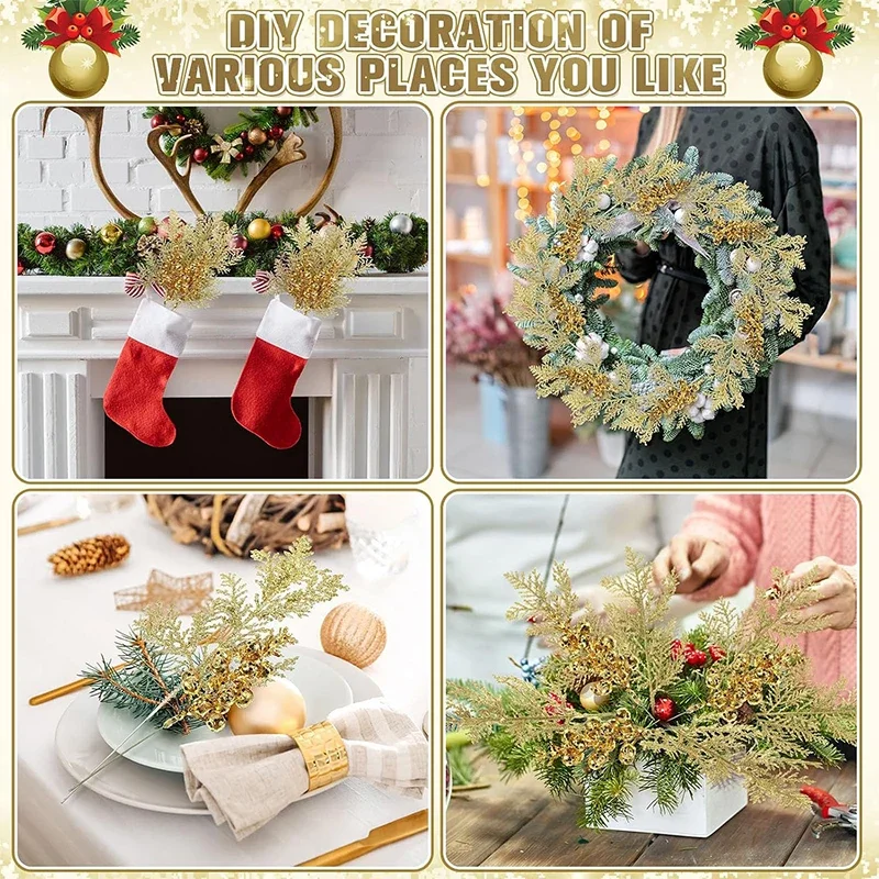 5/10/20Pcs Glitter Berry Stem Pine Needles Artificial Flower Branches Xmas Tree Decor DIY Wreath Accessory Winter Craft Supplies