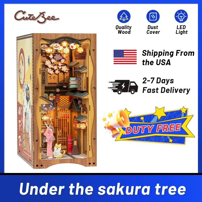 ​Cutebee DIY Book Nook Sakura Miniature Dollhouse Bookshelf Insert Japanese Wooden Bookend 3D Lighting Building for Kid Gifts