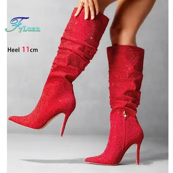 11公分細高跟閃亮尖頭女靴,秋冬夜店高跟鞋,奢華水鑽亮片高筒靴 8 最佳銷售 紅色短靴 - №7