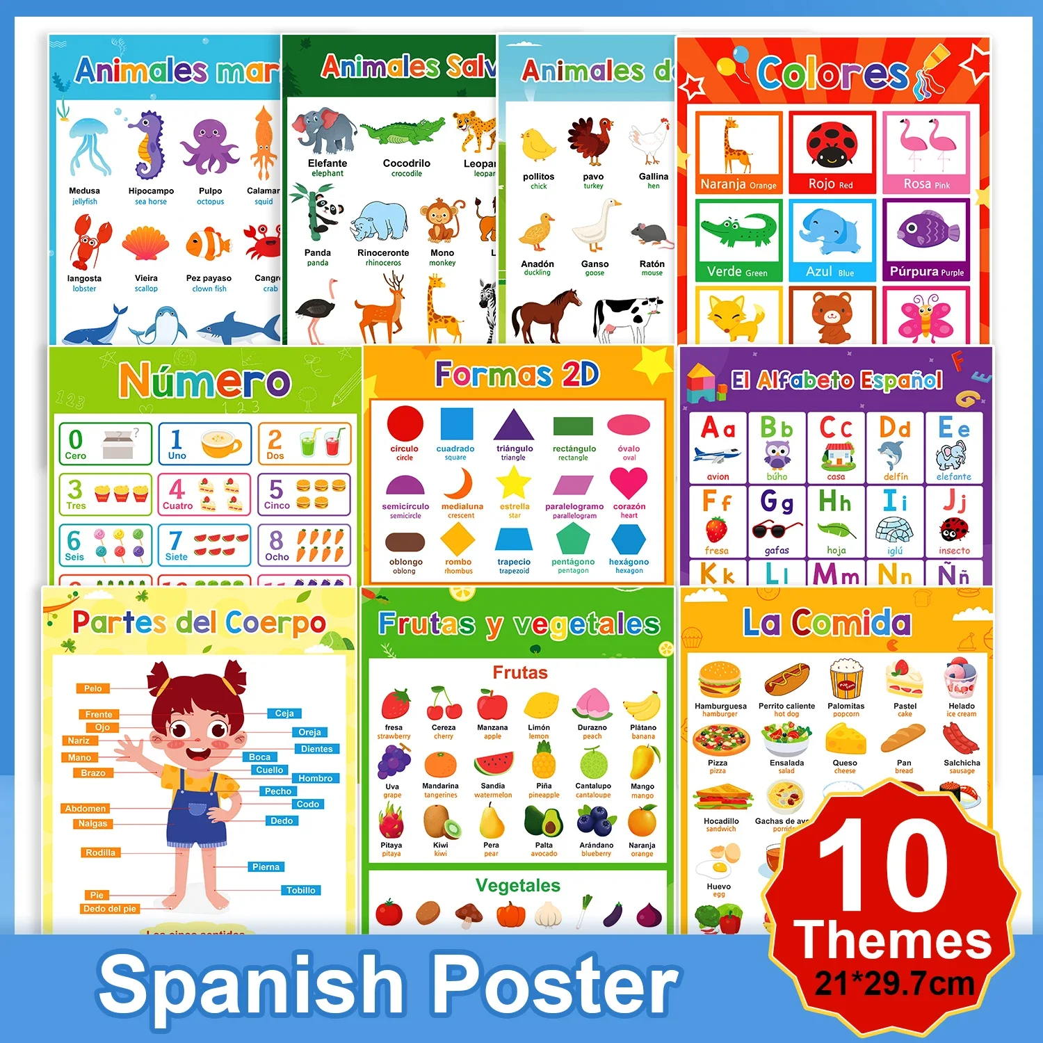 

10 Themes Kids Learning French Korean Spanish English Big Cards Toys School Classroom Decoration A4 Poster Educational Toys