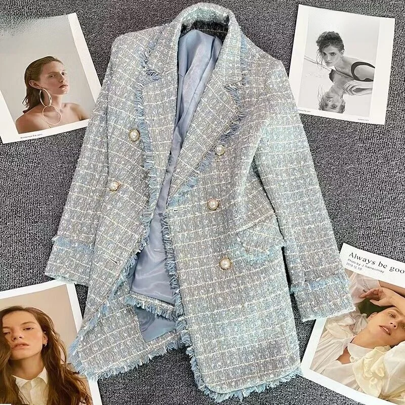 

Ele 2023, осенне-зимний новый костюм Sle Small Fraance, жакетный женский костюм с двойной пуговицей, грубый твидовый топ Quali Faion