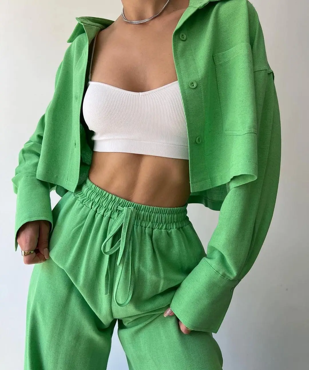 Autumn Casual Sports Women Suit 2024 New Solid Color Long-Sleeved Short Shirt Drawstring Pants 2 Pieces Sets Tracksuit Outfit