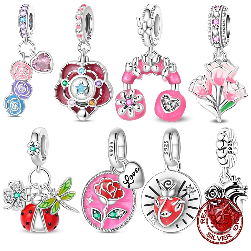 

925 Sterling Silver Nature Theme Charms Set Flower Ladybug Dragonfly Dangle Pendants Fit Bracelets DIY Jewelry Making
