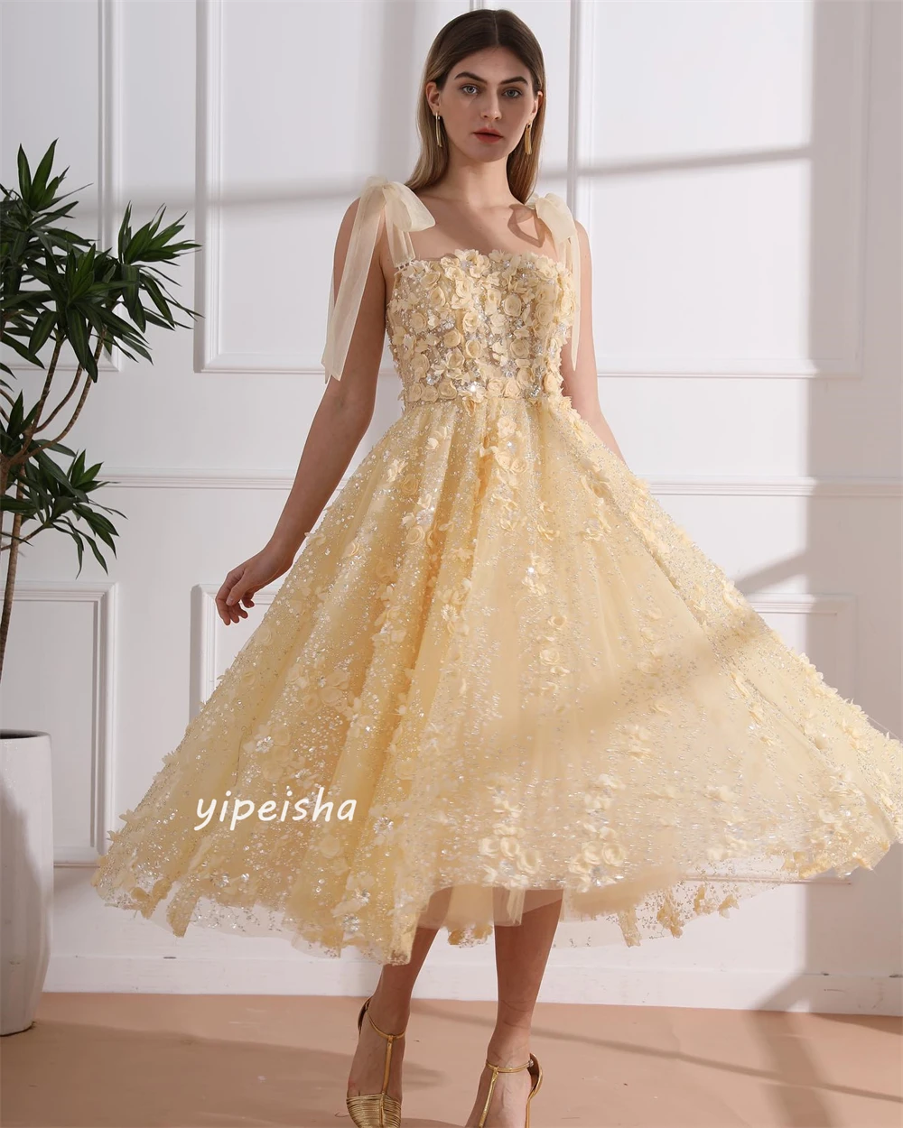 Gaun Prom, Organza bunga terbungkus Quinceanera A-line kerah persegi Bespoke gaun acara gaun Midi